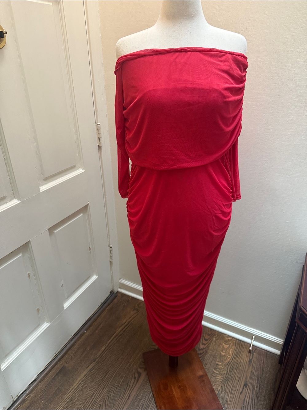 Never Fully Dressed One-Shoulder Red Ruched Midi Dress